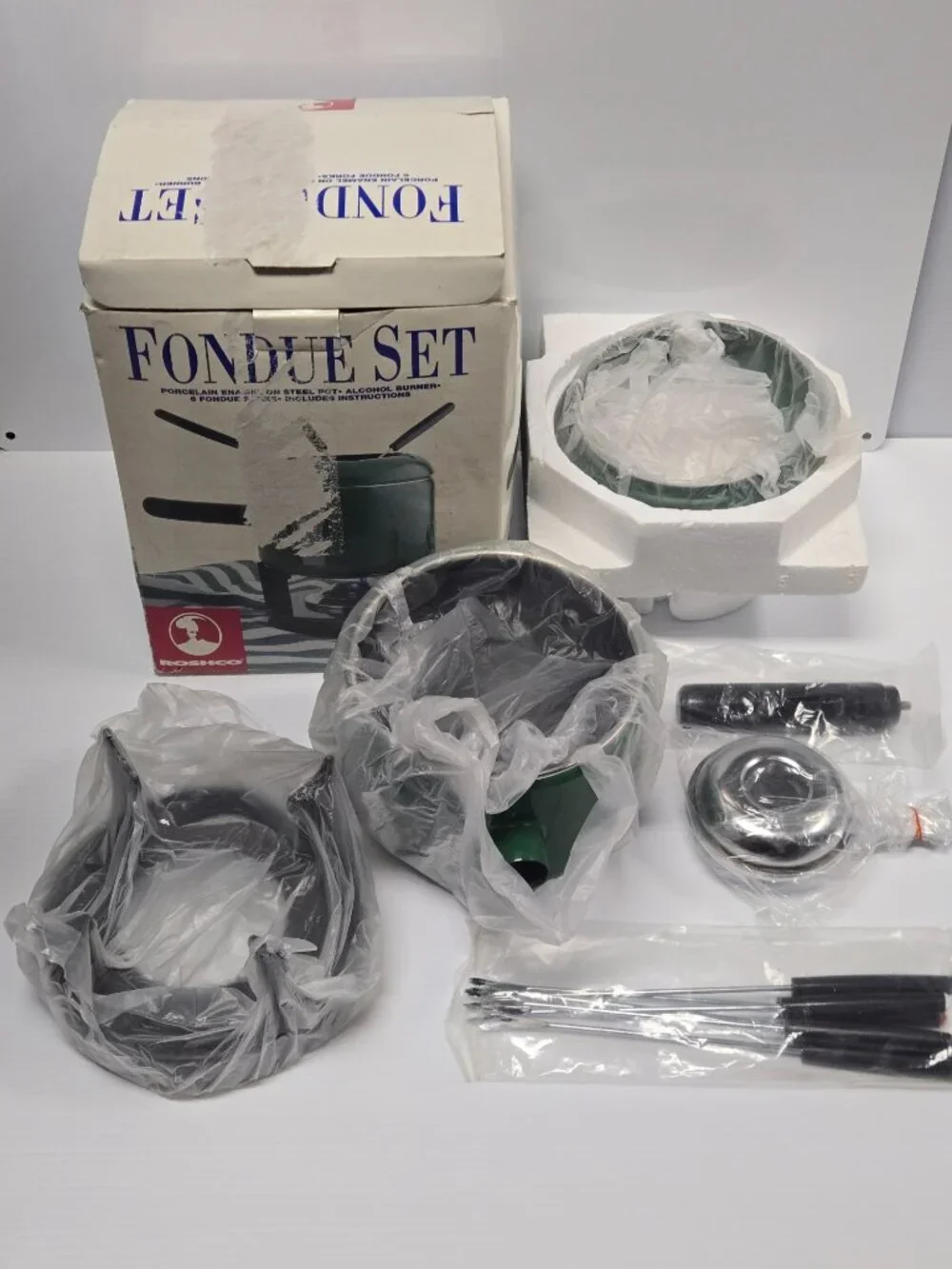Rare Hunter Green Roshco Porcelain Enamel Fondue Pot Set 58901 Vintage Green